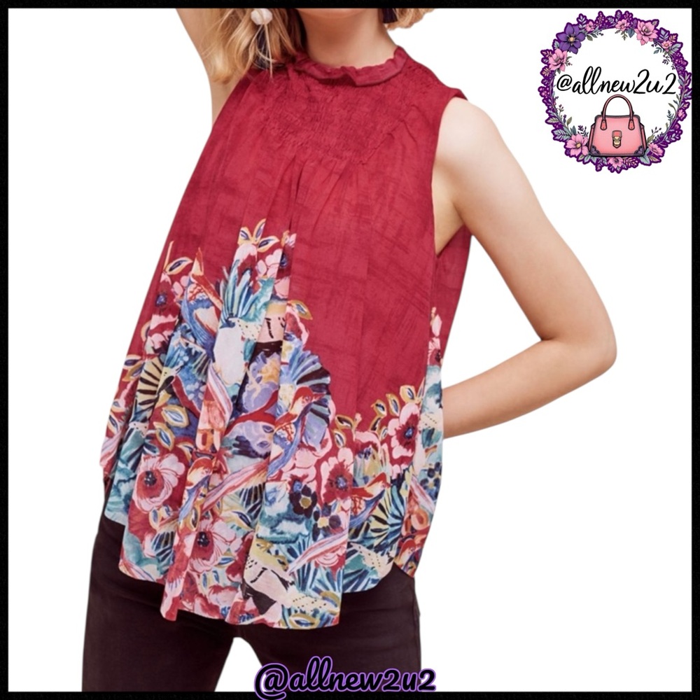 Anthropologie Deletta Red Floral Sheer Lined Sleeveless Top Size Small